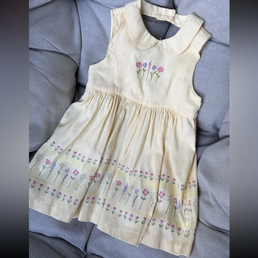 Vintage 1998‎ Gymboree Toddler Embroidered Floral Yellow Dress Linen Blend Sz 2